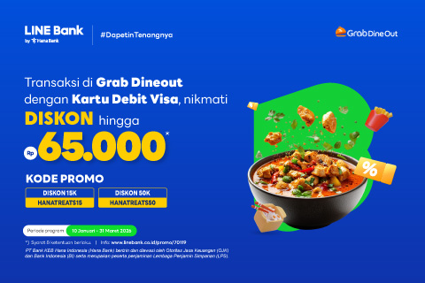 Transaksi di Grab Dine Out, nikmati diskon hingga Rp65.000 dengan Kartu Debit Visa LINE Bank.